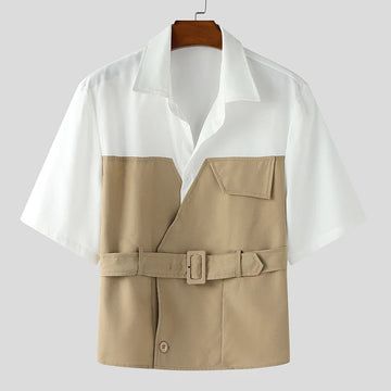 AIDASE  -  Men Shirt Patchwork Lapel Short Sleeve Lace Up Casual Men Clothing With Belt Streetwear 2025 Fashion Male Shirts Tops aidase-shop